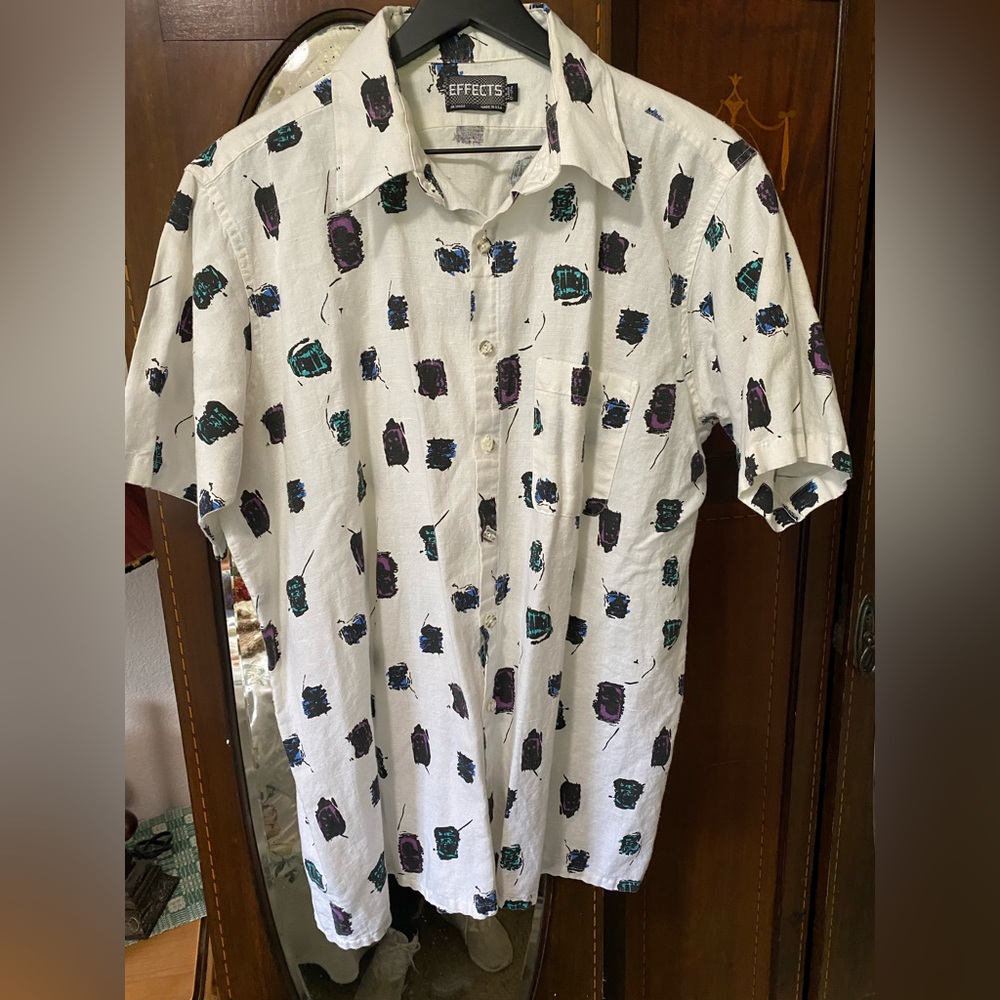 Linen Men’s Short-Sleeve Button-Up Print Shirt USA made XL